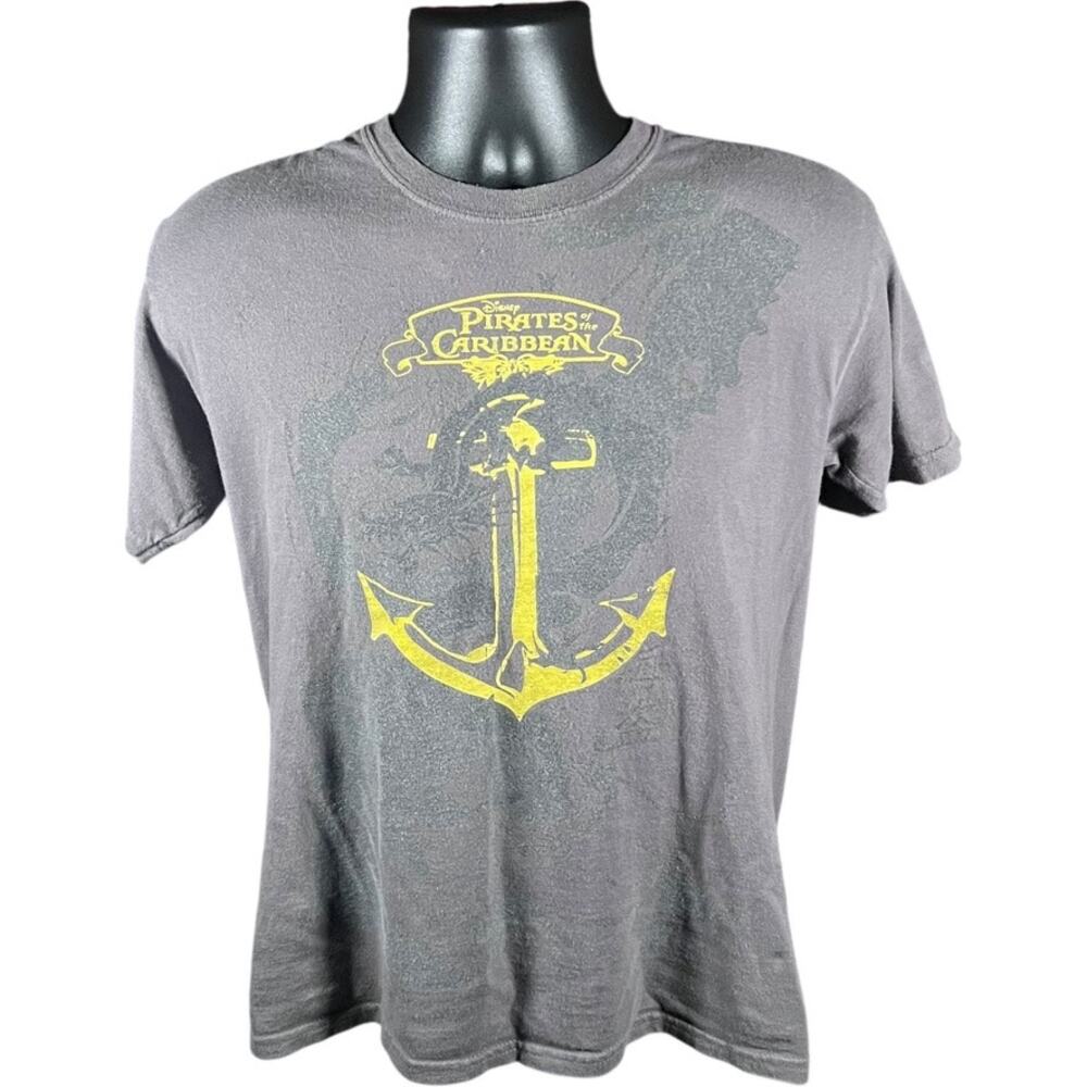 Disney Pirates of the Caribbean Grunge Graphic Tee - Charcoal Gray Crew Y2K